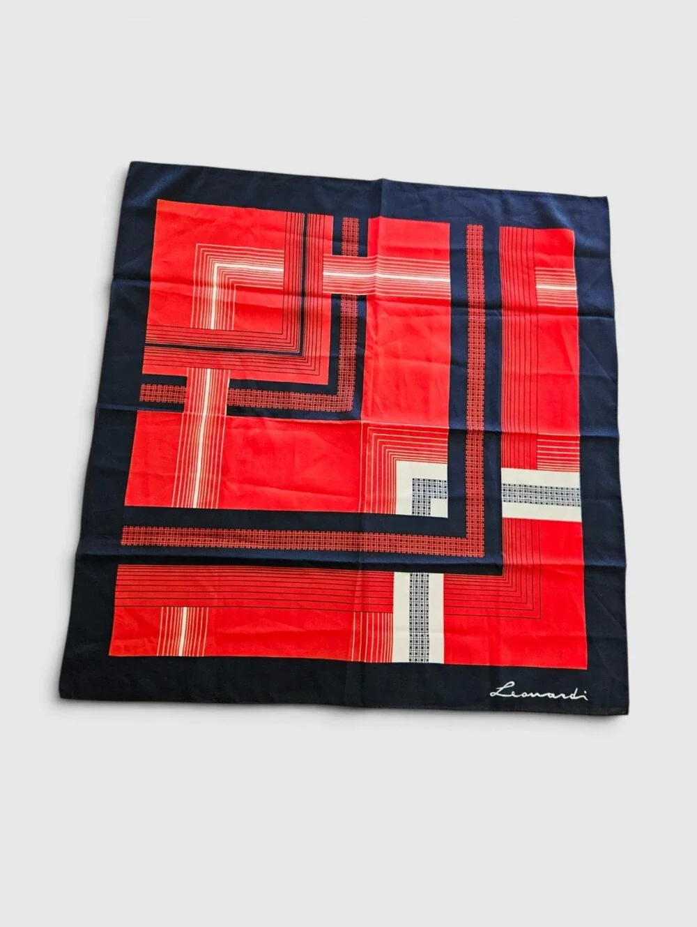 Vintage Leonardi Large '80s Geometric Black Red Striped Neck Head Scarf Foulard